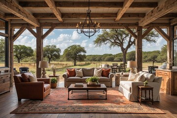 Fototapeta premium Modern Rustic Weekend Retreat in Texas Featuring Stylish Office Space and Cozy Inns