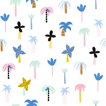 Seamless pattern with funny cartoon palm trees. Childish summer print. Vector hand drawn illustration.
