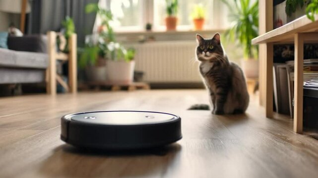 Robot Vacuum and Curious Cat: Captivating composition features a robot vacuum traversing the wooden floor. A curious cat gazes upon the automatic cleaning device. Perfect for home automation.