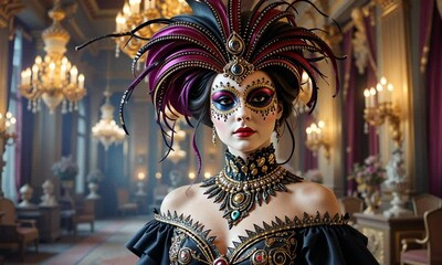 Woman in ornate carnival costume with peacock feathers and jewelry in luxurious hall with chandeliers. Concept of festive culture and masquerade celebration