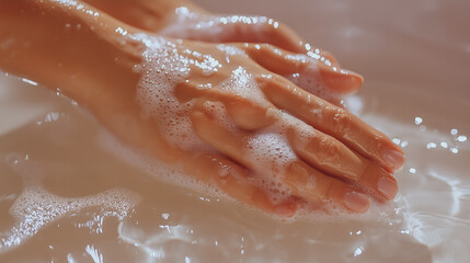 Close-up of hands in soapy water with bubbles, emphasizing cleanliness and care.
