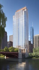 Modern high-rise building by a river