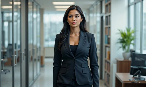 Confident young businesswoman in black blazer walks down modern office corridor with glass walls and soft lighting. Concept of corporate leadership and empowerment