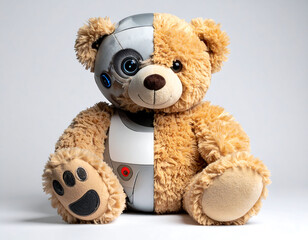 A whimsical image featuring a teddy bear, half plush and half robot, symbolizing the fusion of technology and childhood innocence. Evokes feelings of nostalgia, innovation,  science fiction.