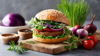 Delicious vegan burger with fresh vegetables sits on a wooden cutting board ready to be eaten for a healthy meal
