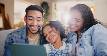 Home, girl and parents on couch, tablet and child with social media, entertainment and smile. Family, apartment and mother with father, kid and technology with online video, funny or bonding together