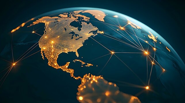 The image shows a stylized depiction of the Earth, focusing on North and Central America.  The continents are outlined in glowing golden lights, interconnected by a network of luminous lines, symboli
