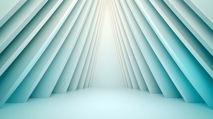 Obraz premium The image contains an abstract, minimalist scene featuring a series of light teal-colored, angled planes converging towards a central vanishing point, creating a three-dimensional, architectural-like