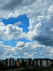 blue sky with clouds closeup. Clear blue color sky with white cloud background