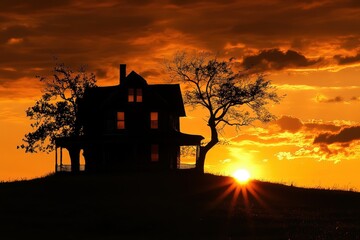 Haunted House Silhouette. Spooky Sunset Halloween Landscape