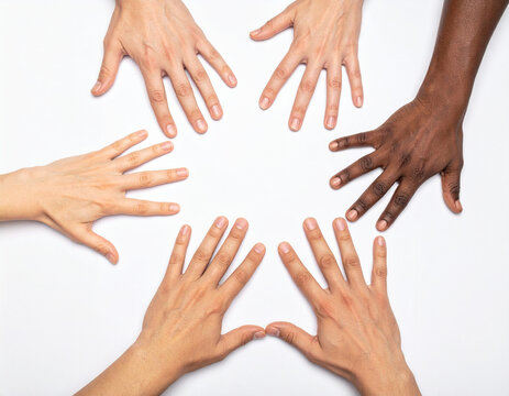 Hands painted in various skin tones drawn overlapping on blank white paper.