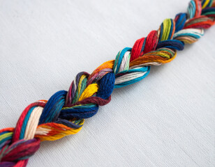 Colorful threads knotted into a cohesive braid resting on a plain white tablecloth.