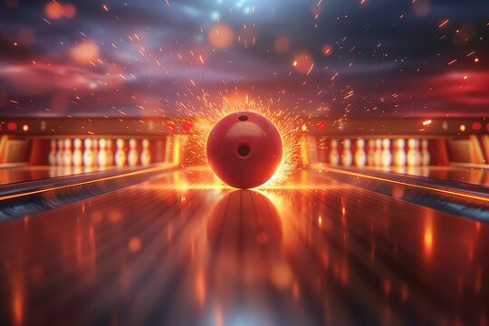 Bowling ball crashes into pins, creating a dramatic moment in a vibrant bowling alley during an evening game