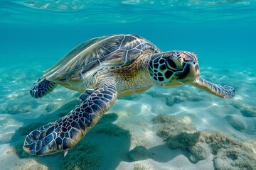 Mydas green sea turtle swimming gracefully in clear turquoise waters of coral reef island during a sunny day