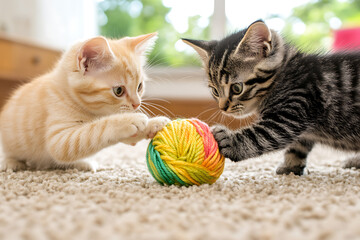 Two playful kittens, one orange tabby and one gray tabby, batting at a colorful ball of yarn on a soft, beige carpet. Adorable feline fun!
