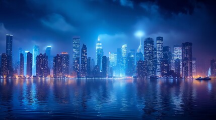 Fototapeta premium City skyline illuminated under shimmering clouds in vibrant nighttime colors