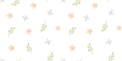 Watercolor seamless pattern with cute flowers and leaves. Spring floral decor with hand drawn illustrations