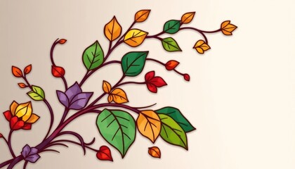 Stylized autumnal flora corner design with colorful leaves and intricate details