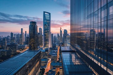 Obraz premium Modern Business Abstract Background Featuring Dynamic City Double Exposure in Contemporary Architectural Design
