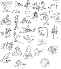 cartoon vector illustration of a set of a funny sports activity, a set of drawings of people playing sports