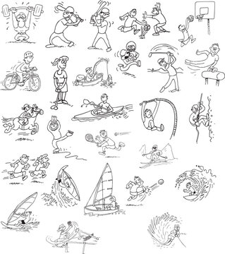 cartoon vector illustration of a set of a funny sports activity, a set of drawings of people playing sports