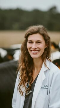 veterinarian examines cows in the background