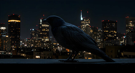 Crow on rooftop at night
