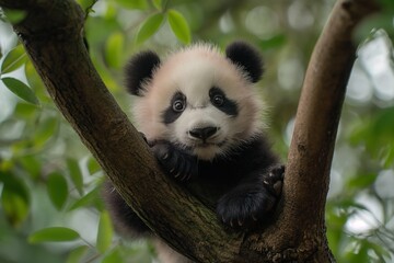 Obraz premium Baby panda cub relaxing in a tree surrounded by lush green foliage during a sunny day in its natural habitat