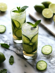 Top-angle shot of a chilled cucumber mint cocktail in a highball glass, garnished with fresh mint and cucumber