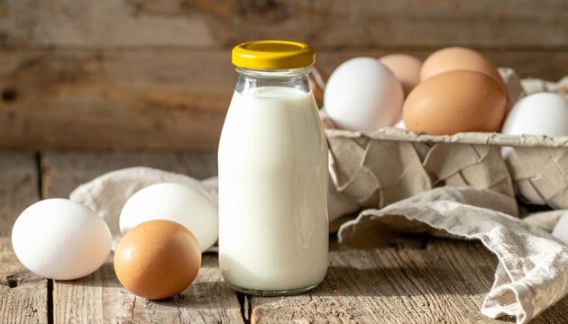 Rustic Close-Up of a Farmhouse-Style Scene with a Glass Bottle of Milk and a Wicker Basket of Eggs on a Weathered Wooden Surface