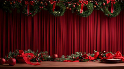Red Christmas Backdrop With Wreaths And Decorations