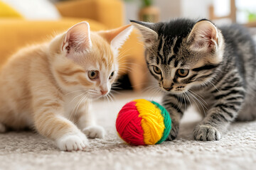 Fototapeta premium Two adorable kittens, one orange and one tabby, are captivated by a colorful ball of yarn, ready to pounce and play. Curious eyes and playful paws.