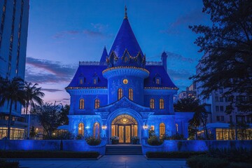 Fototapeta premium Mesmerizing Blue Urban Landscape of a Magical Building at Twilight