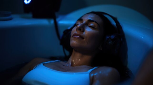 A tranquil scene of a patient relaxing in a floatation pod within a rehabilitative environment experiencing a balance of mind and body as they partake in meditative practices supported