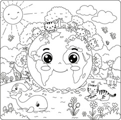 Celebrate Earth Day with a fun coloring page showing a happy Earth character surrounded by natural elements. Perfect for kids and eco-friendly art activities .