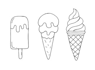 Ice cream Hand drawn doodle set. Waffle cone, popsicle. 