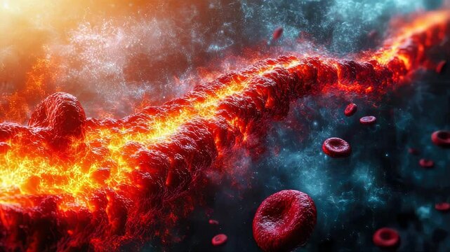 A conceptual illustration of an artery clogged with glowing red plaque, symbolizing hyperlipidemia and cardiovascular disease