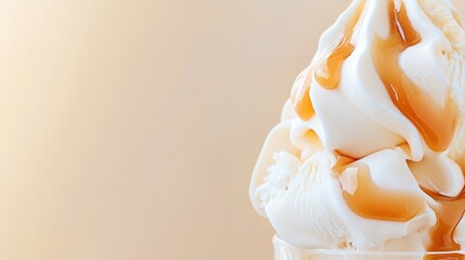 Vanilla Ice Cream Swirl with Caramel Drizzle: A close-up captures a delectable swirl of vanilla ice cream gracefully adorned with a rich caramel drizzle, embodying the essence of pure indulgence.