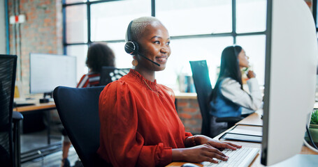 Call center, agent and woman with headset, computer and lead generation, conversation and consultation. Telemarketing, smile and person with tech for sales, communication and friendly for service