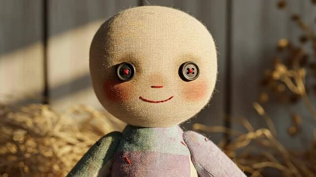 Handmade fabric doll with button eyes - Cute Handmade Rag Doll in Warm Light, Vintage Style Soft Toy on Rustic Background