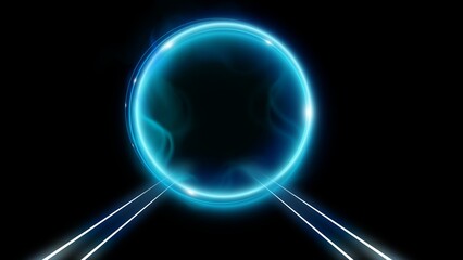 A glowing blue circle with two white lines extending from it on a black background in a tunnel view