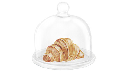 Croissant and cloche watercolor illustration. Hand drawn fresh french bun in a glass dome. Food clip art. Ideal for bakery prints, postcards and pastry shop posters.