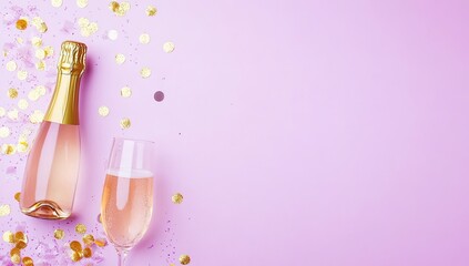 Festive pink champagne celebration. Two champagne bottles, one full, one empty, along with a glass of champagne.  Gold confetti scattered on a light purple background