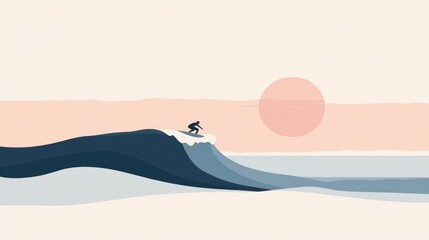 Minimalist surfer silhouette on a surfboard riding on colorful wave against gradient sunset with sun background
