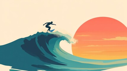 Minimalist surfer silhouette on a surfboard riding on colorful wave against gradient sunset with sun background