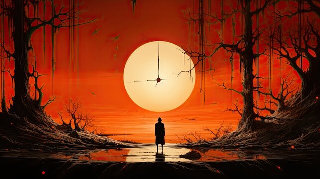 Mistical Sunset Silhouette of Forest Ruins with Clock Reflection on Serene Water - Dreamlike Twilight in a Colorful, Artistic Landscape of Solitude and Tranquility