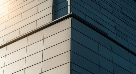 Obraz premium Modern building exterior with contrasting light and dark facade panels. Abstract architectural detail with geometric lines. Urban design concept for contemporary structures