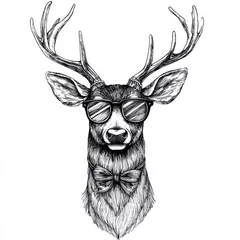 Gordijnen Hipster Deer. Hand-Drawn Vintage Animal Illustration in Retro Engraving Style © Vlad