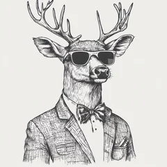 Gordijnen Hipster Deer. Wild Vintage Animal Engraving Hand-drawn Illustration © Vlad