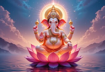 Lord Ganesha's Serene Majesty: A Digital Art Depiction of the Hindu God on a Lotus Flower